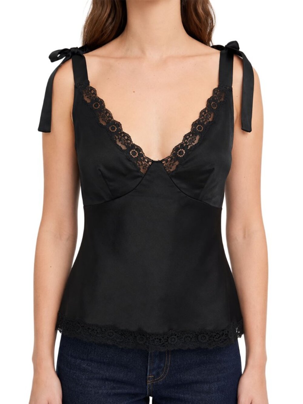 NWT Reformation Florence Silk Top Black Lace Trim Tie Shoulder Cami 6